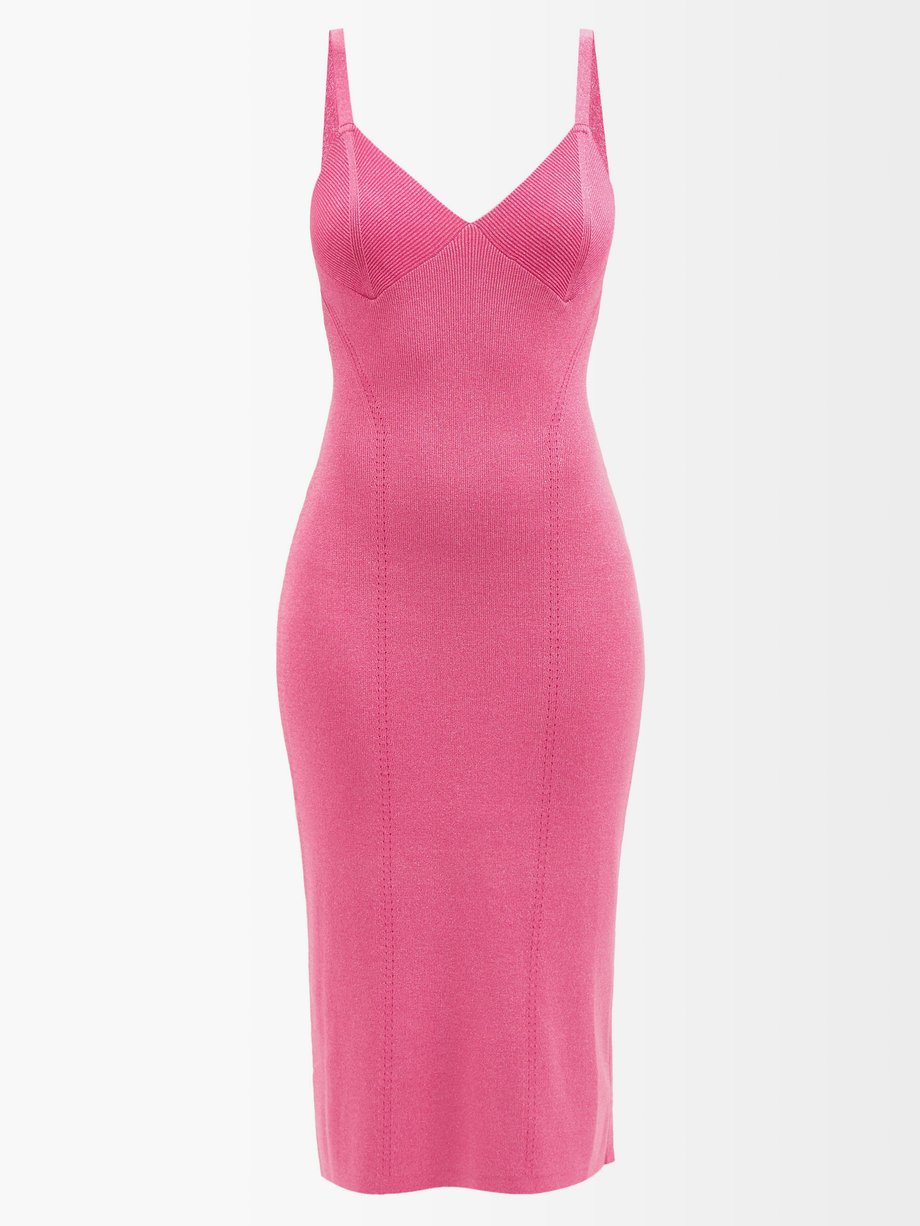 Staud Pink Quartz lurex bodycon midi dress | 매치스패션, 모던 럭셔리 온라인 쇼핑