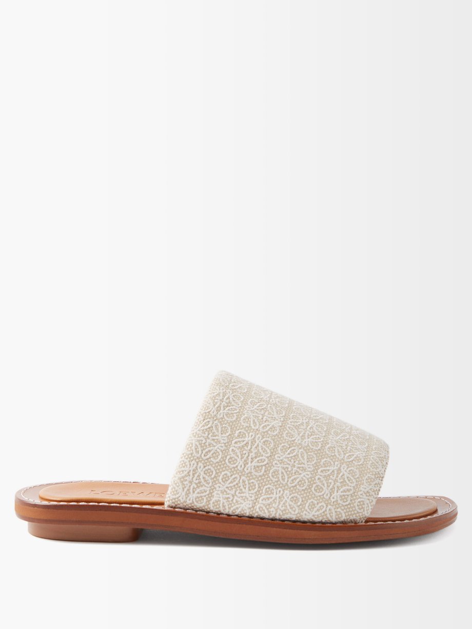 Anagram-jacquard canvas and leather slides