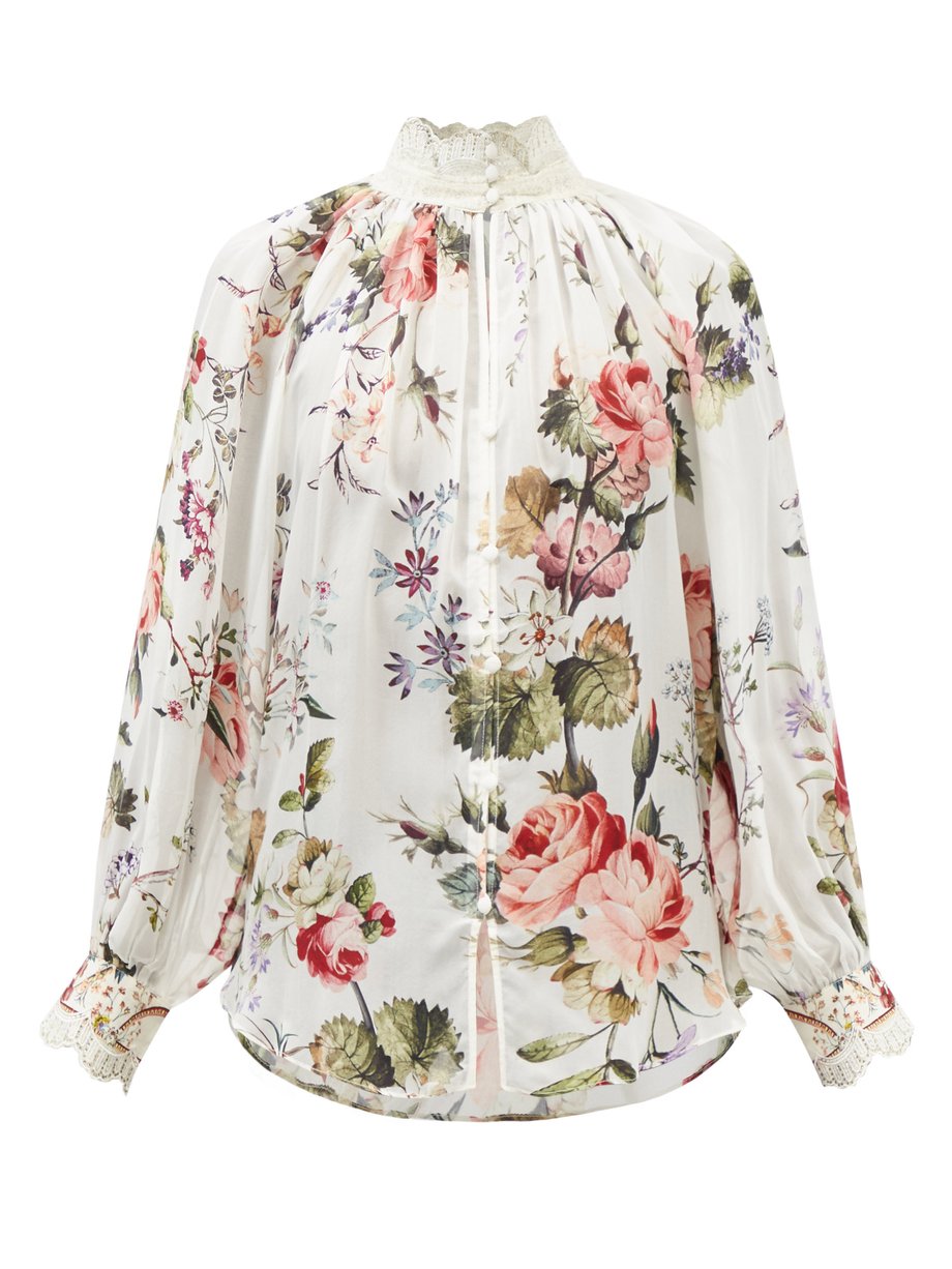 Neutral London ruffled-neck floral-print silk-crepe blouse | Camilla ...