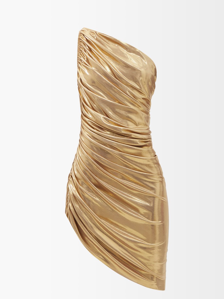Metallic Diana asymmetric ruched-lamé mini dress | Norma Kamali ...