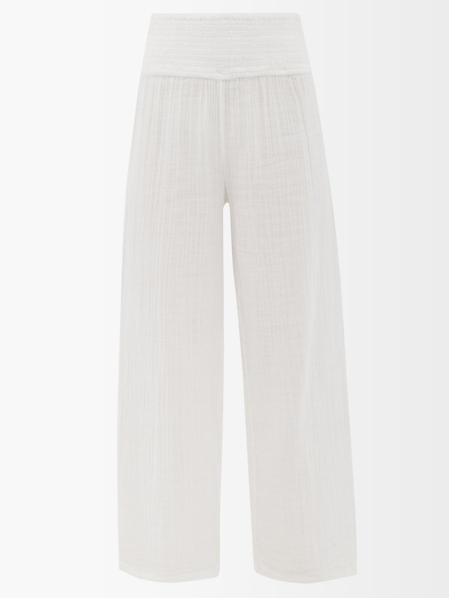 Anaak White Maya shirred-waist cotton-muslin wide-leg trousers | 매치스패션 ...