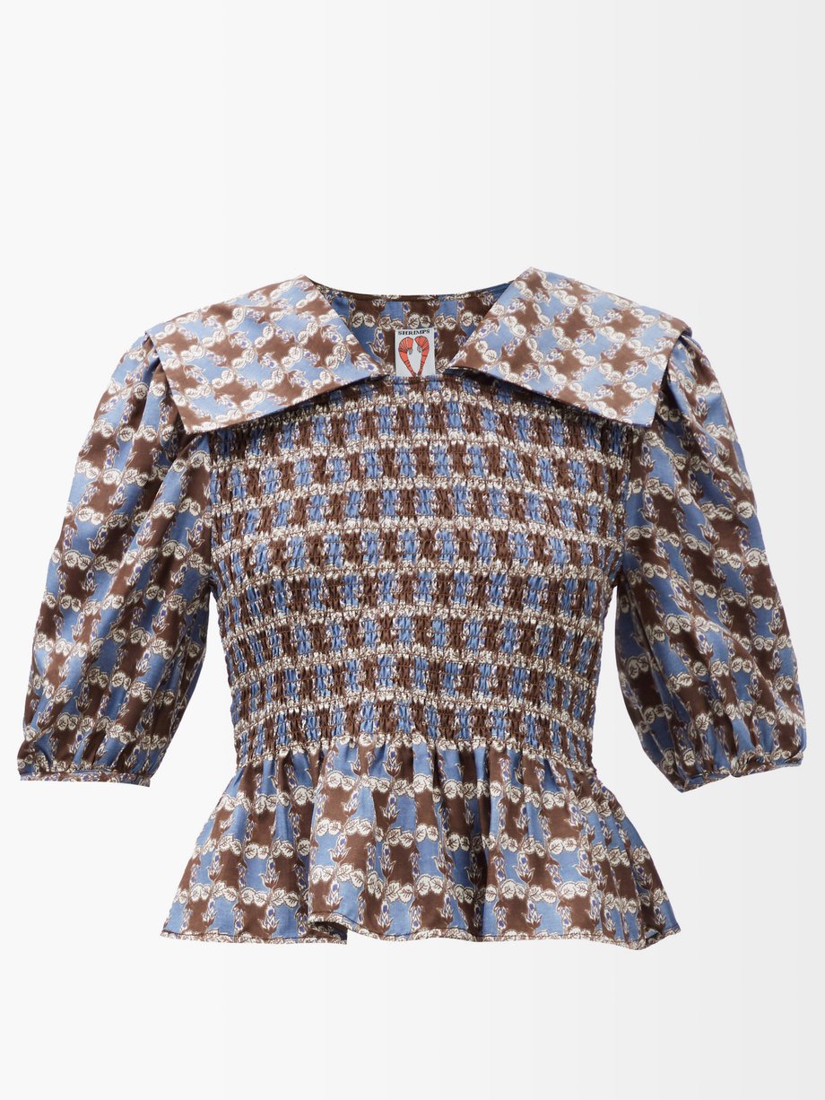 Blue Rowan smocked floral-check silk blouse | Shrimps | MATCHESFASHION AU