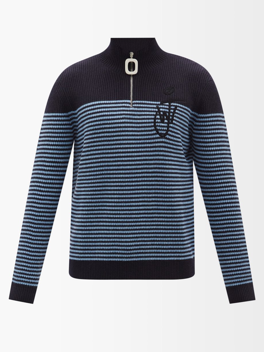 JW앤더슨 스웨터 JW Anderson Navy Logo-embroidered ribbed-merino sweater