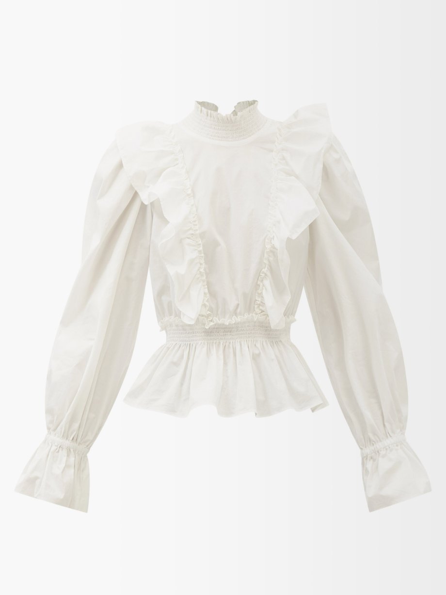 씨 블라우스 Sea WHITE Gaia ruffled cutout cotton-blend blouse