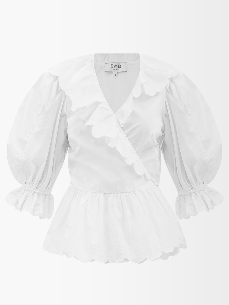 씨 블라우스 Sea White Heidi puff-sleeve cotton wrap blouse