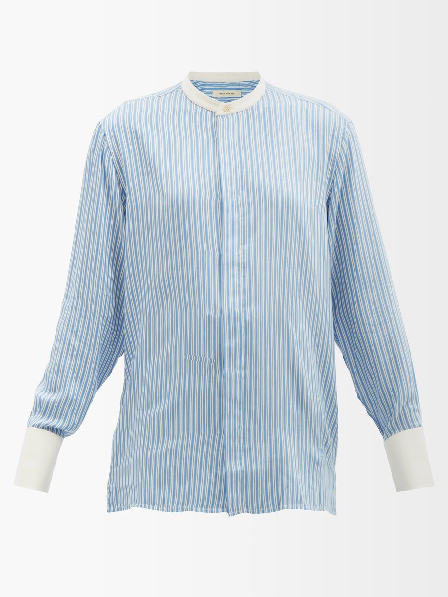 Wales Bonner ウェールズ ボナー バンドカラー ストライプ ツイルシャツ ブルー｜MATCHESFASHION（マッチズファッション)