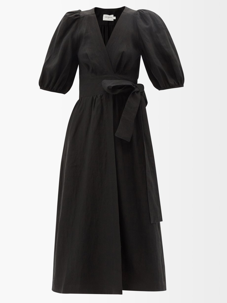 Three Graces London Black Fiona puff-sleeve linen wrap dress | 매치스패션 ...