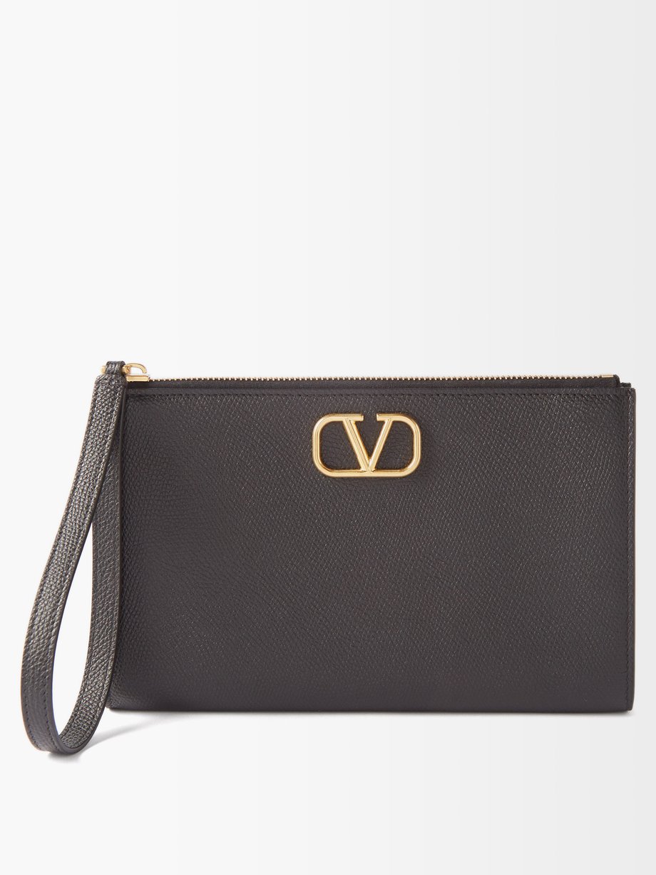 발렌티노 Valentino Black V-logo grained-leather clutch bag