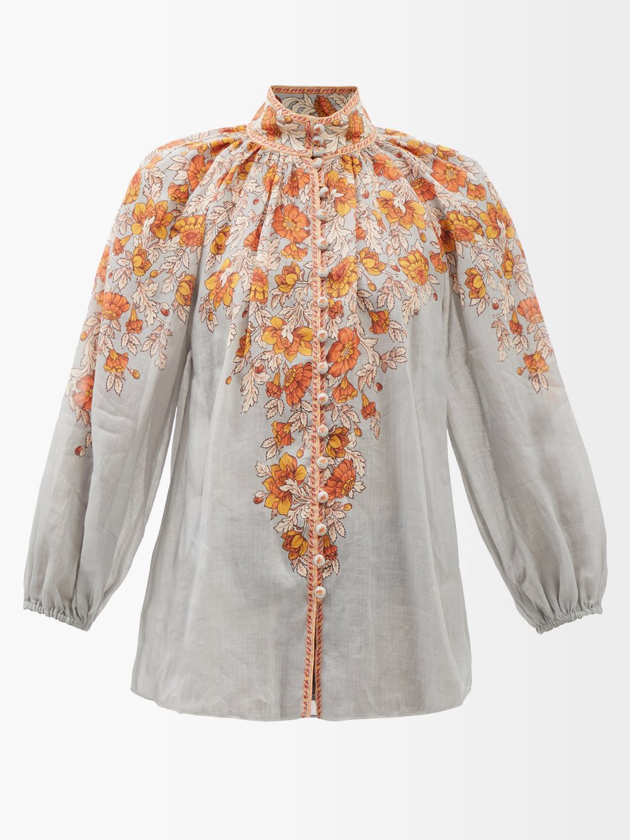 Zimmermann Blue Andie stand-collar floral-print ramie voile blouse ...