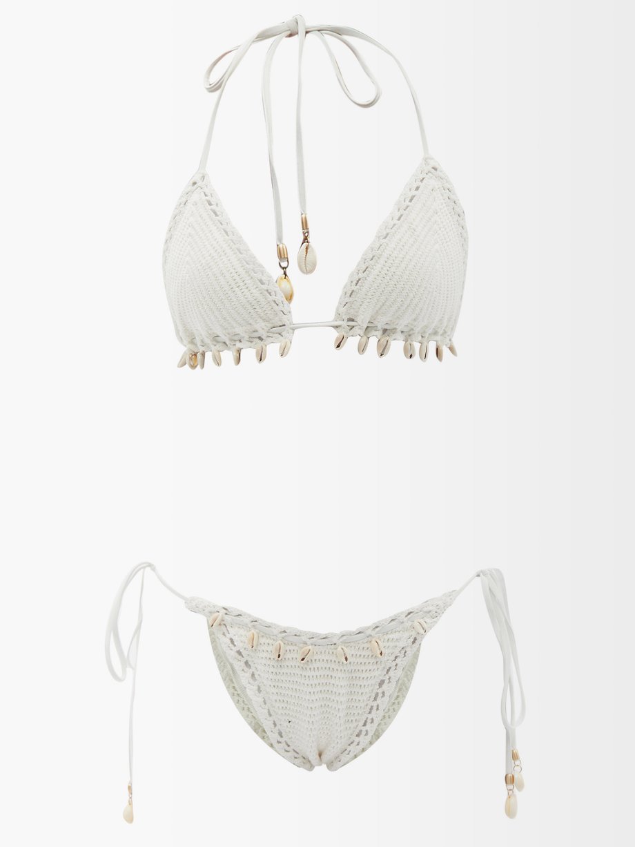Zimmermann White Lola shell-embellished organic-cotton bikini | 매치스패션 ...