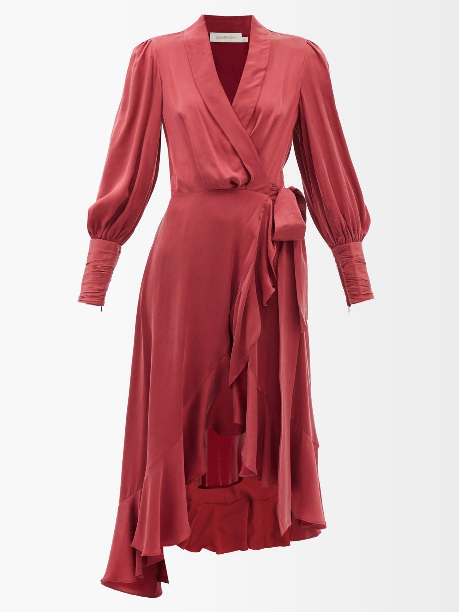 Burgundy Flounced silk-satin wrap dress | Zimmermann | MATCHESFASHION US