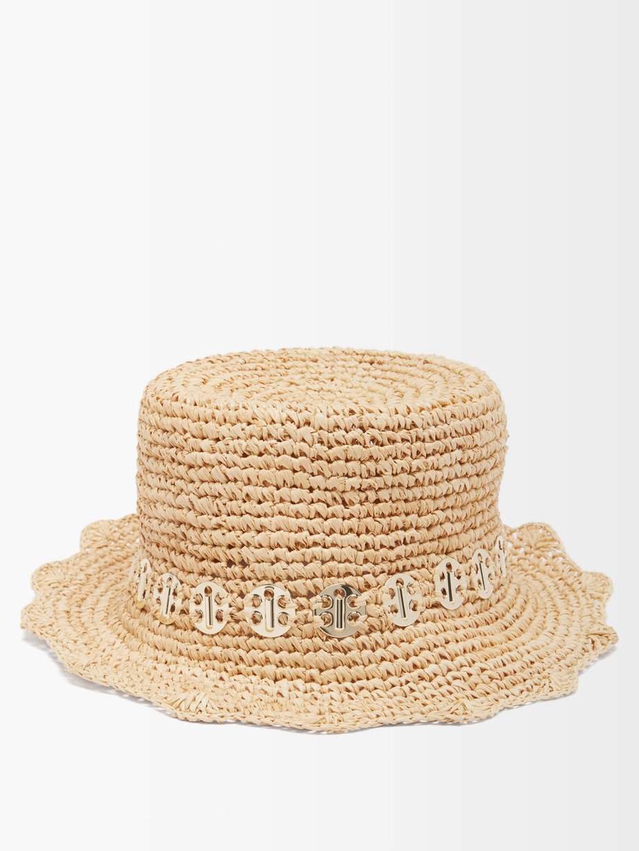 Beige Rabane chain-embellished raffia bucket hat | Paco Rabanne ...