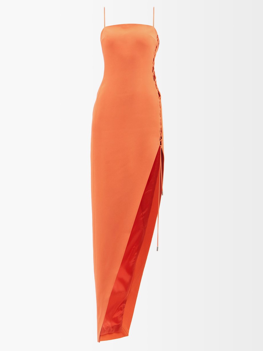 Lace-up side-slit crepe gown Orange ...
