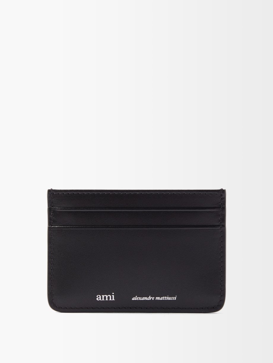아미 카드 지갑 AMI Black Logo-print leather cardholder