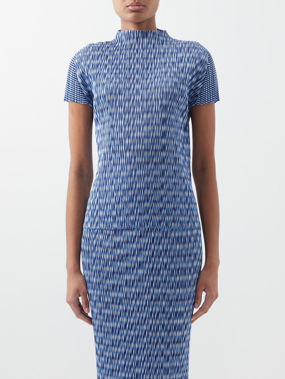 플리츠 플리츠 이사이 미야케 니트탑 Pleats Please Issey Miyake Blue Geometric-print technical-pleated knit top