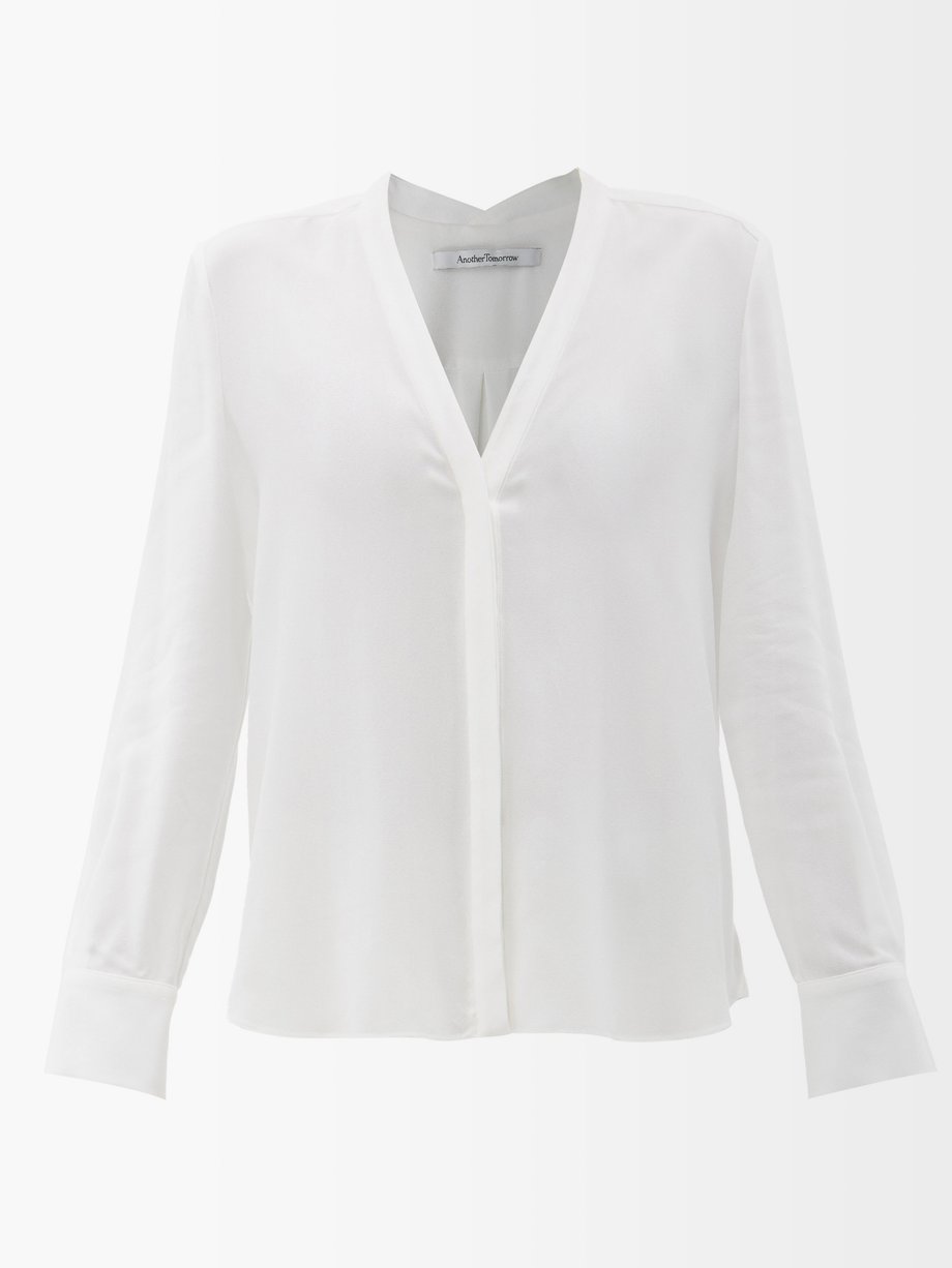 White V-neck crepe blouse | Another Tomorrow | MATCHESFASHION AU