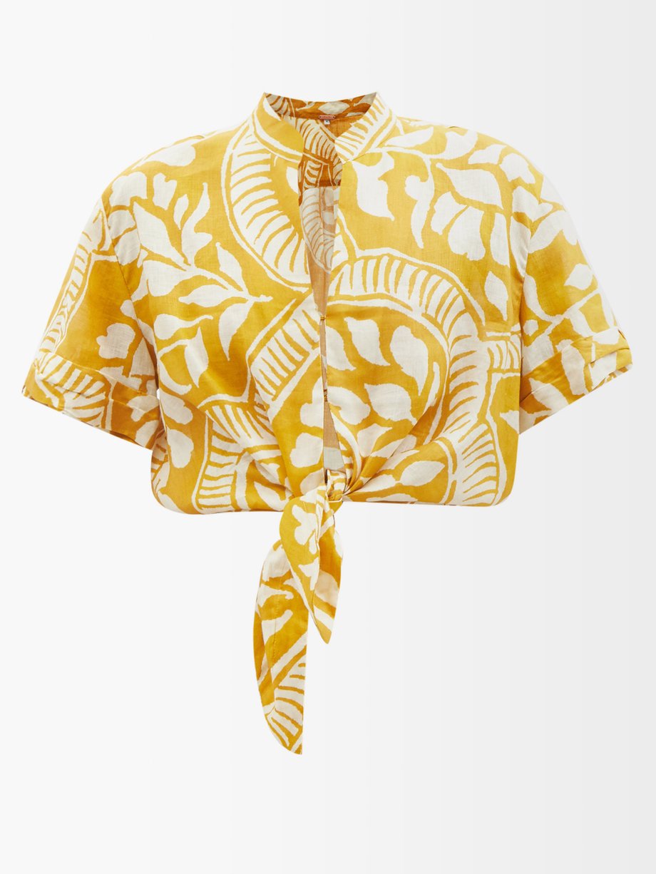 Curcuma Saharienne floral linen tie-front shirt Yellow Johanna Ortiz ...