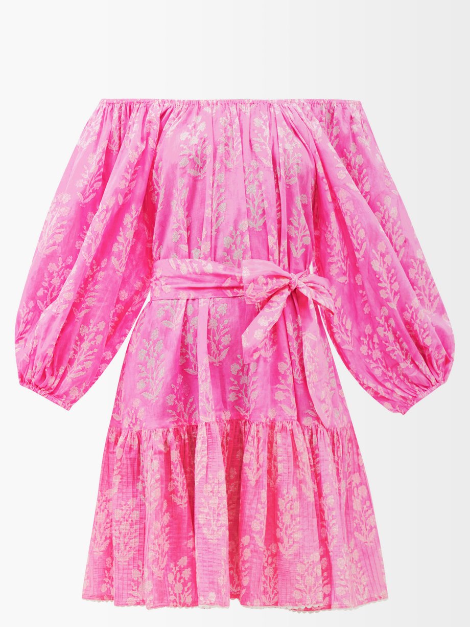 Juliet Dunn Pink Floral-print off-the-shoulder cotton-voile dress | 매치스