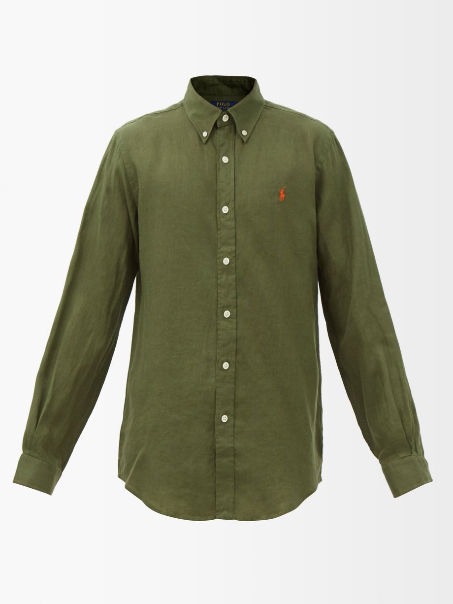 폴로 랄프로렌 셔츠 Polo Ralph Lauren Green Logo-embroidered linen shirt