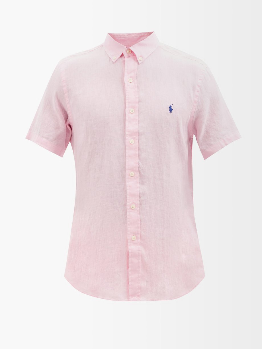 폴로 랄프로렌 셔츠 Polo Ralph Lauren Pink Logo-embroidered linen short-sleeved shirt