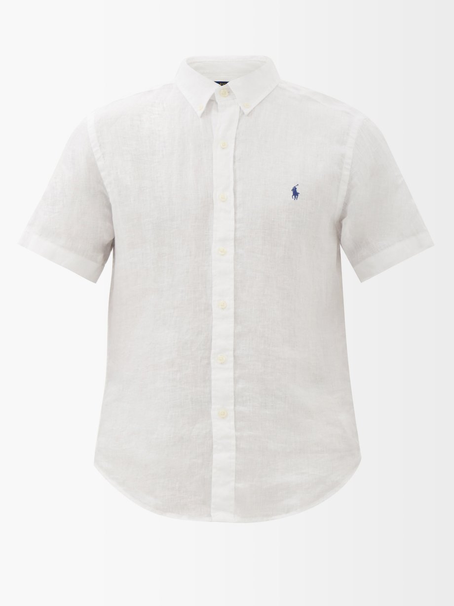 폴로 랄프로렌 셔츠 Polo Ralph Lauren White Logo-embroidered linen short-sleeved shirt