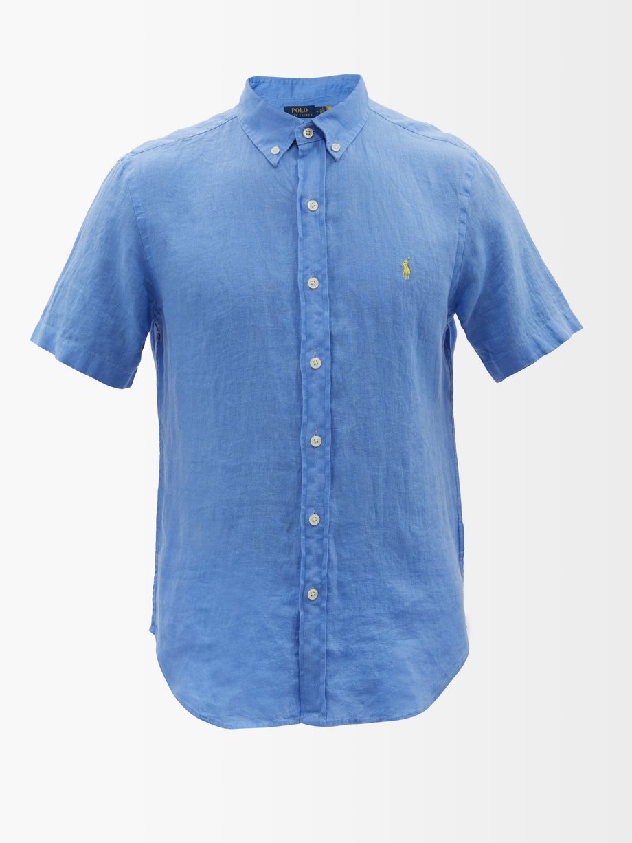 폴로 랄프로렌 셔츠 Polo Ralph Lauren Blue Logo-embroidered linen short-sleeved shirt
