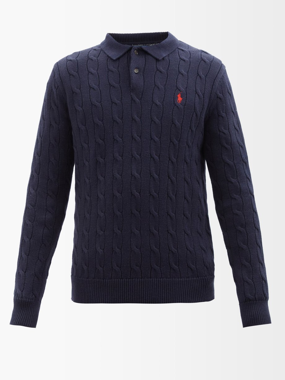 폴로 랄프로렌 폴로스웨터 Polo Ralph Lauren Navy Logo-embroidered cabled-cotton Polo sweater