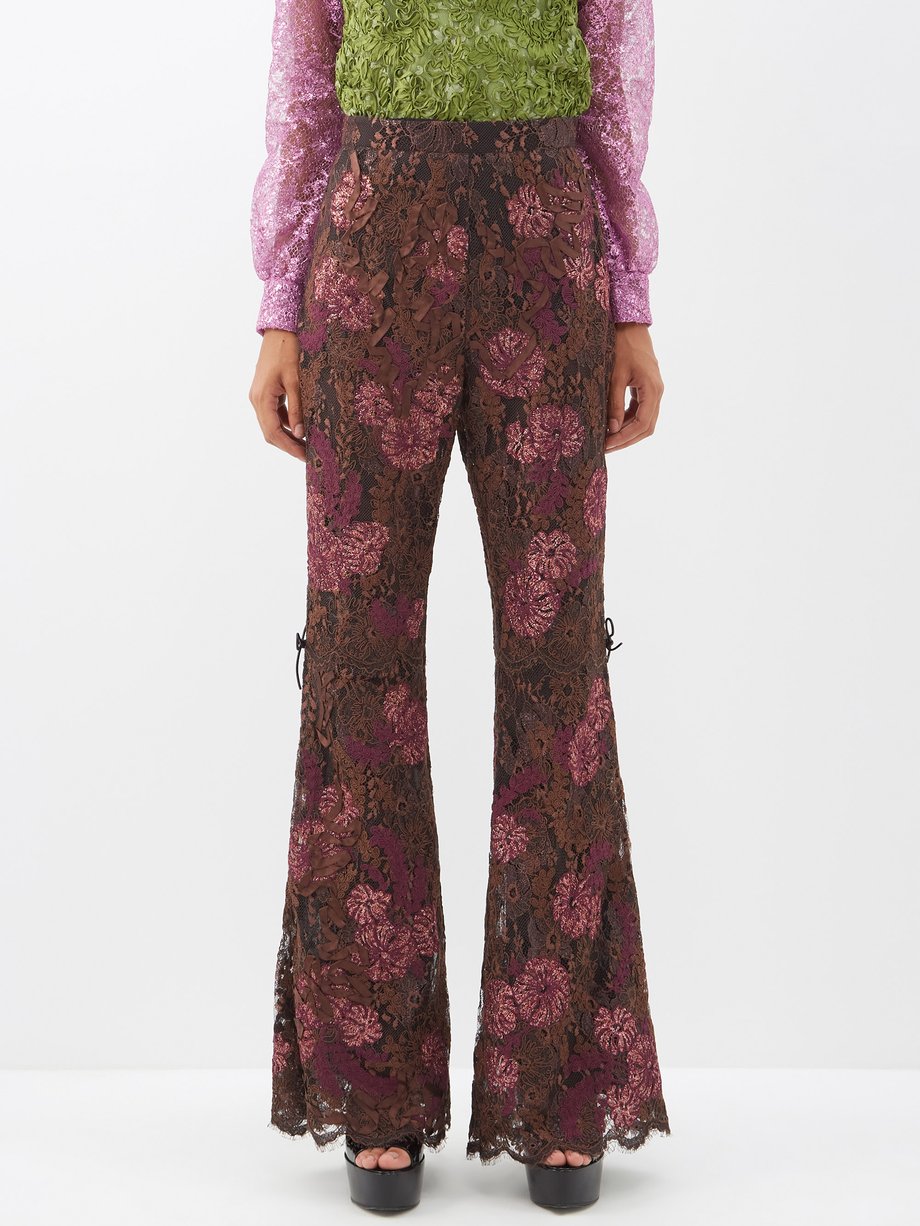 Brown Floral-lace and leather flared trousers | Gucci | MATCHESFASHION US