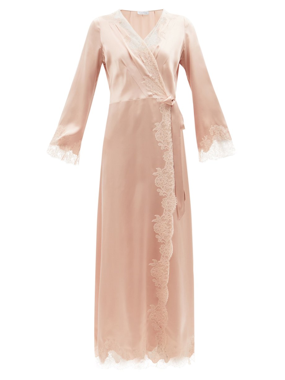 Pink Skyfall lace-trim silk-satin robe 