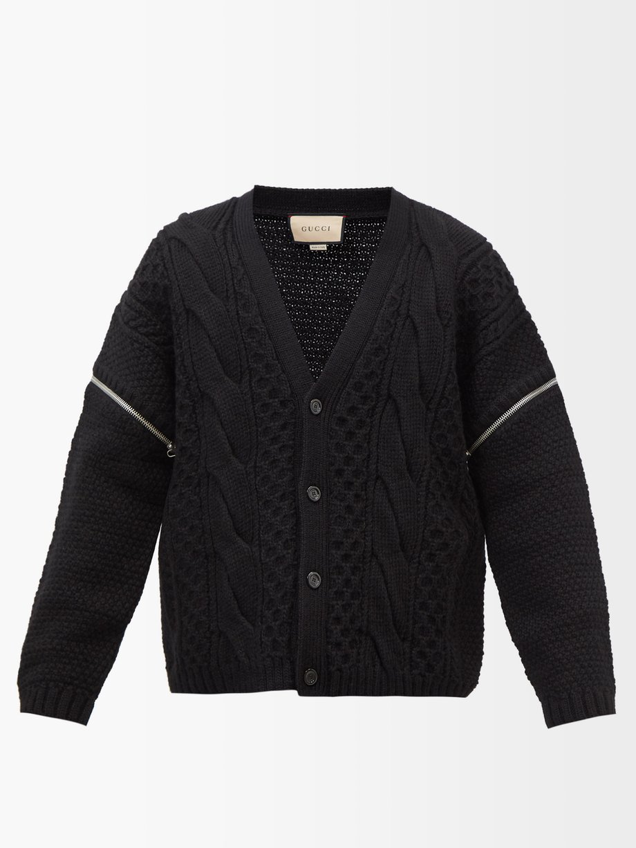 Black Detachable-sleeve cable-knit wool cardigan | Gucci ...