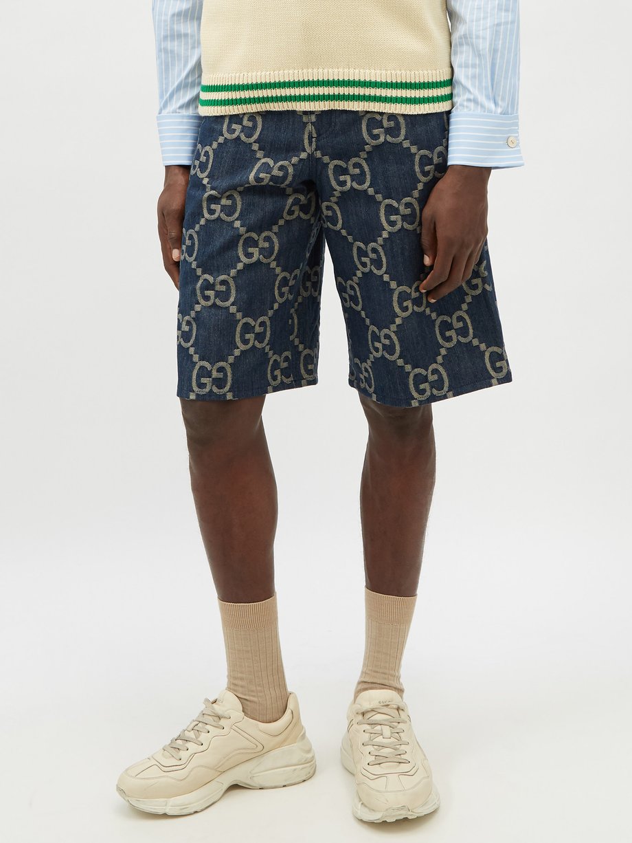 MATCHESFASHION Men Clothing Shorts Bermudas GG-embroidered Denim Bermuda Shorts Mens Blue Beige 