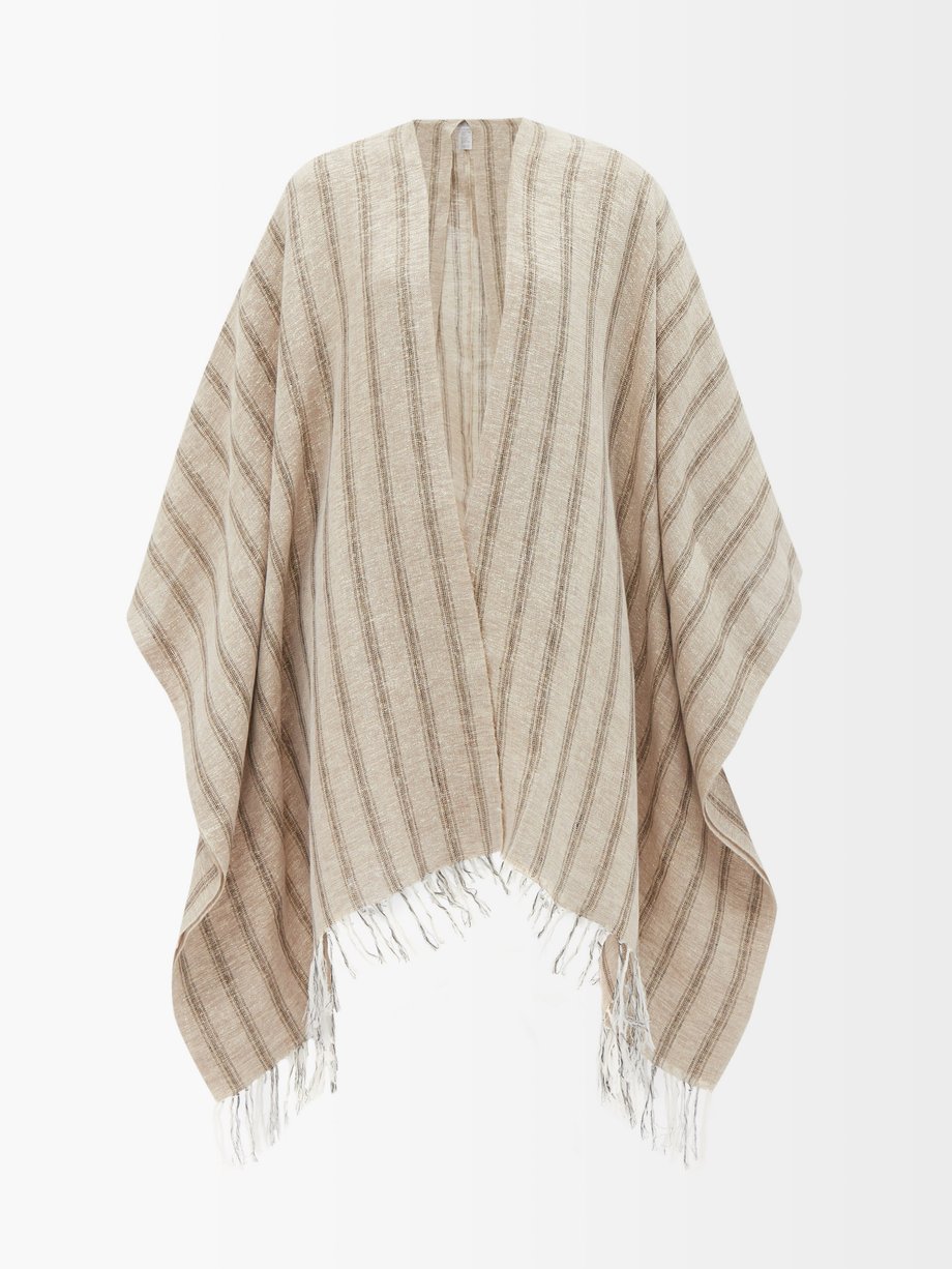 Brunello Cucinelli Striped Linen Blend Fringed Poncho in Beige Womens Clothing Jumpers and knitwear Ponchos and poncho dresses Natural 