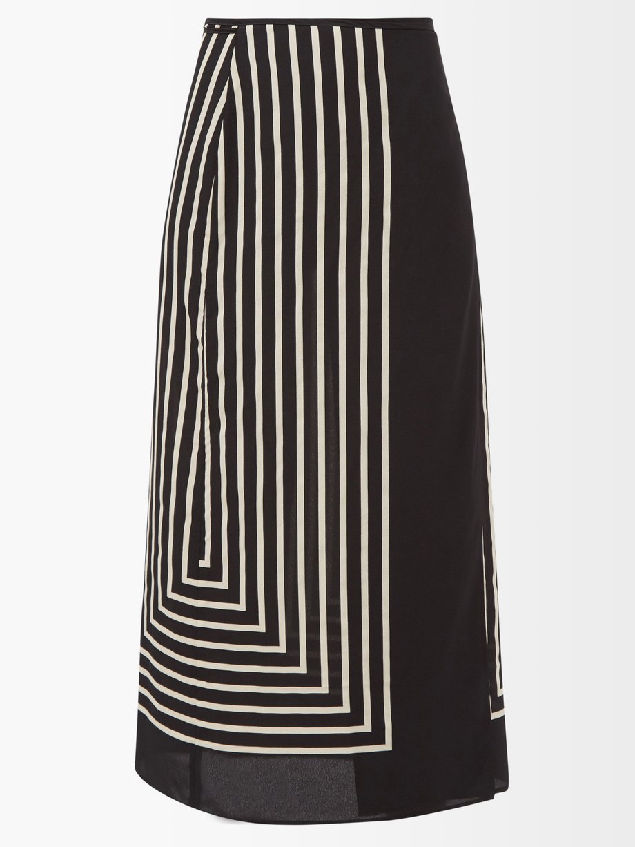토템 Toteme Black Striped silk-crepe wrap skirt