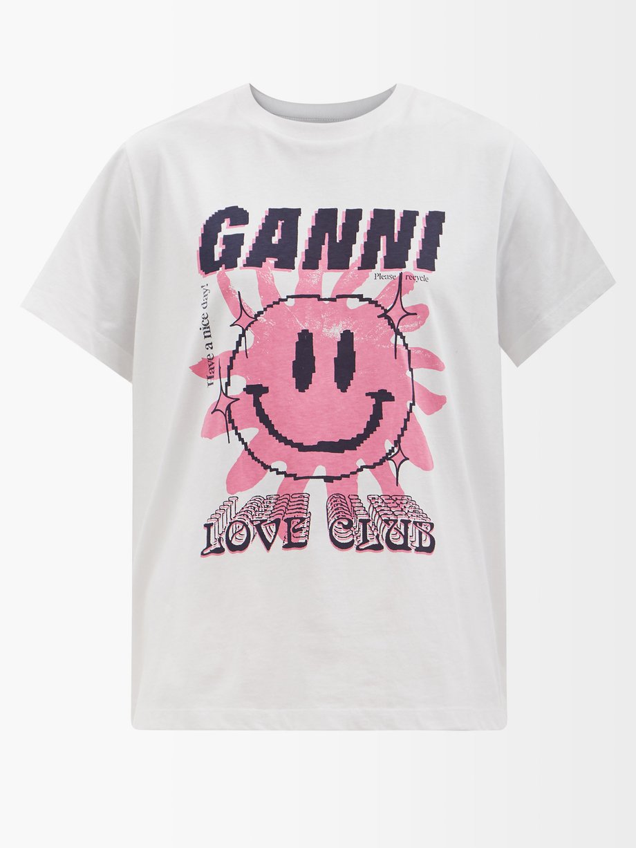 Ganni Ganni Logo-print organic-cotton jersey T-shirt PINK WHITE 