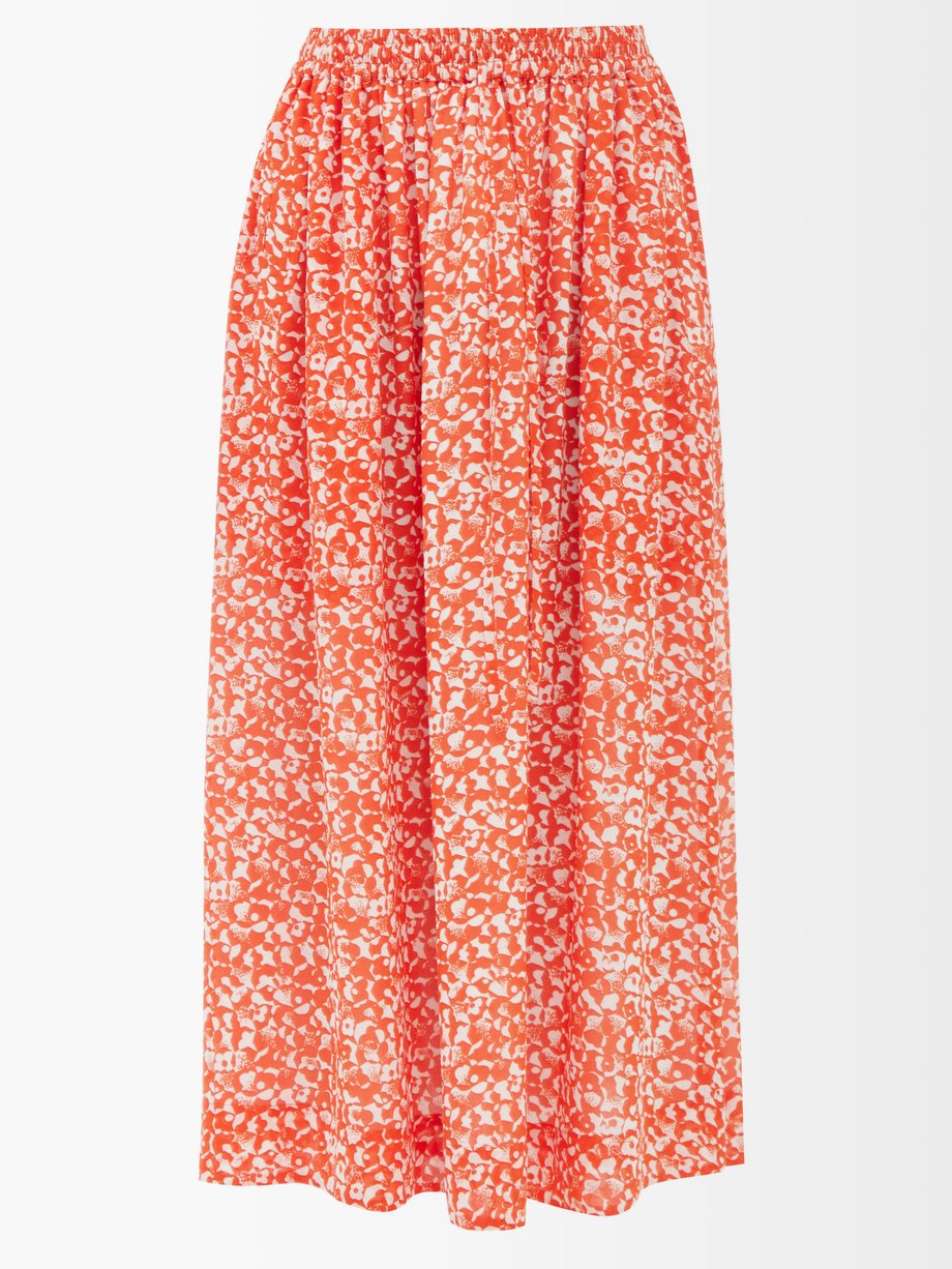 가니 플로럴 스커트 Ganni Orange Floral-print crepe midi skirt