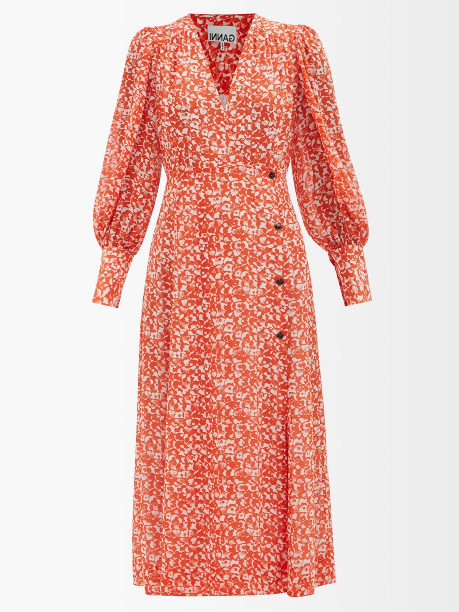 가니 플로럴 원피스 Ganni Orange Balloon-sleeve floral-print crepe midi dress
