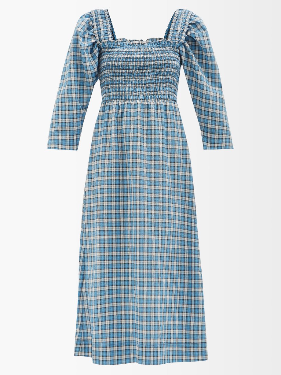 가니 원피스 Ganni Blue Square-neck checked cotton-blend seersucker dress