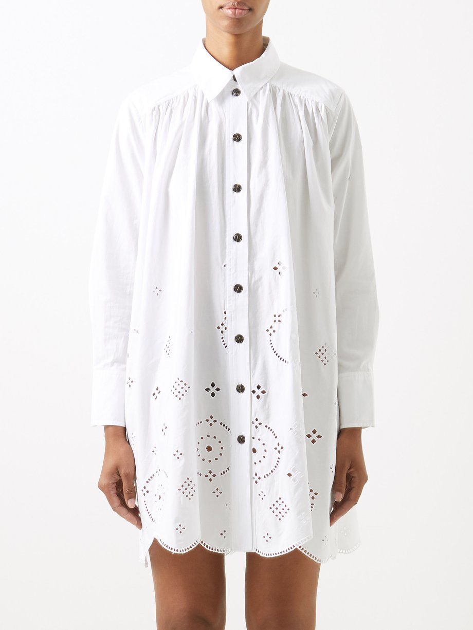 가니 원피스 Ganni White Broderie-anglaise cotton-poplin shirt dress