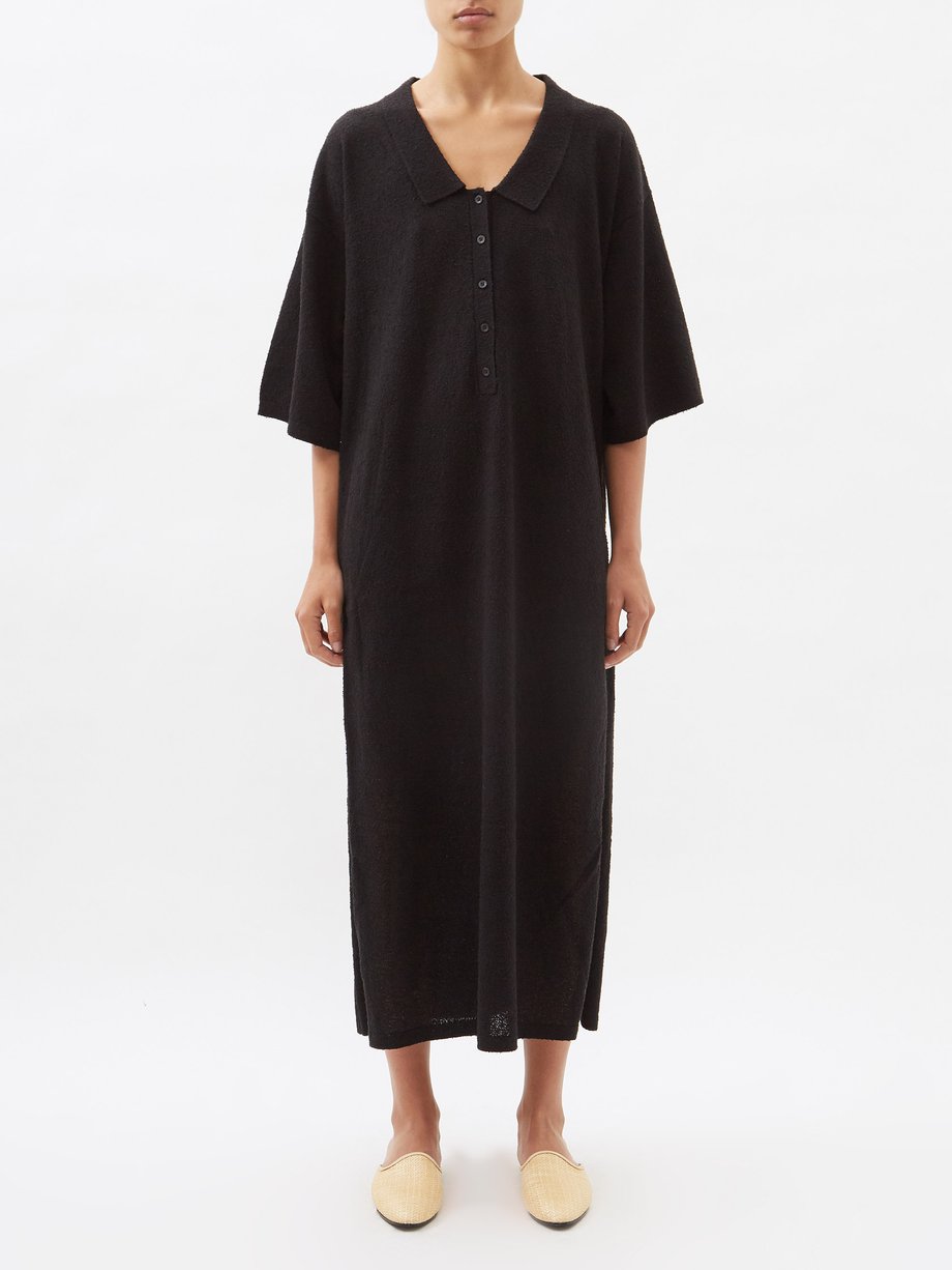 토템 Toteme Black Collared V-neck cotton-blend terry midi dress