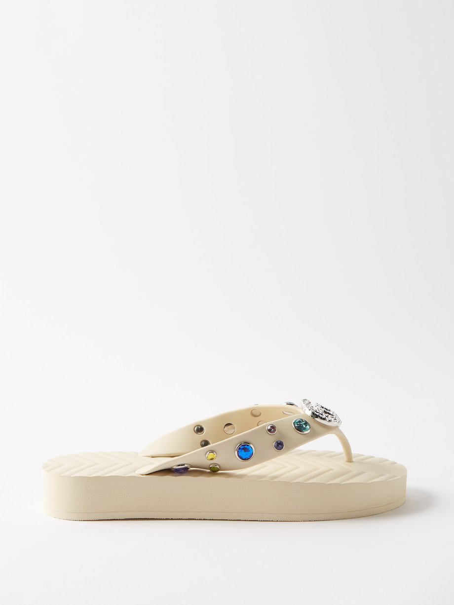 구찌 Gucci White Pascar crystal-embellished rubber flip flops