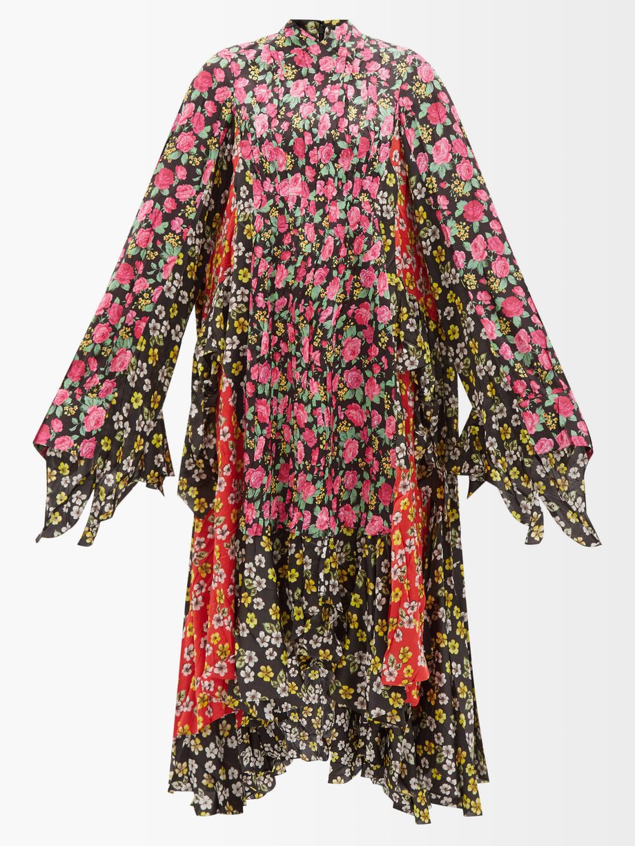 Asymmetric patchwork floral-print dress ...