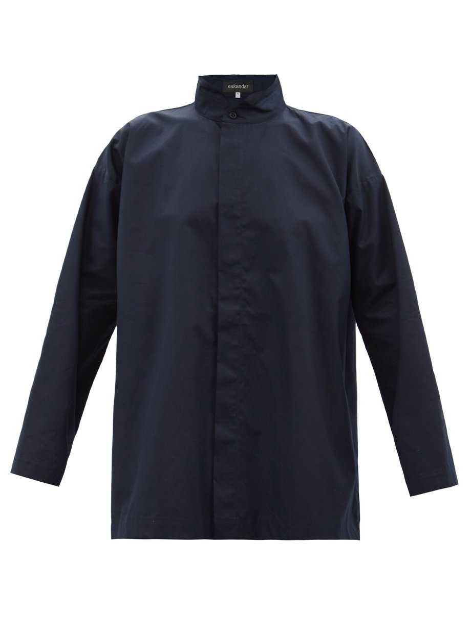 Flared double-stand collar cotton-poplin shirt Navy Eskandar