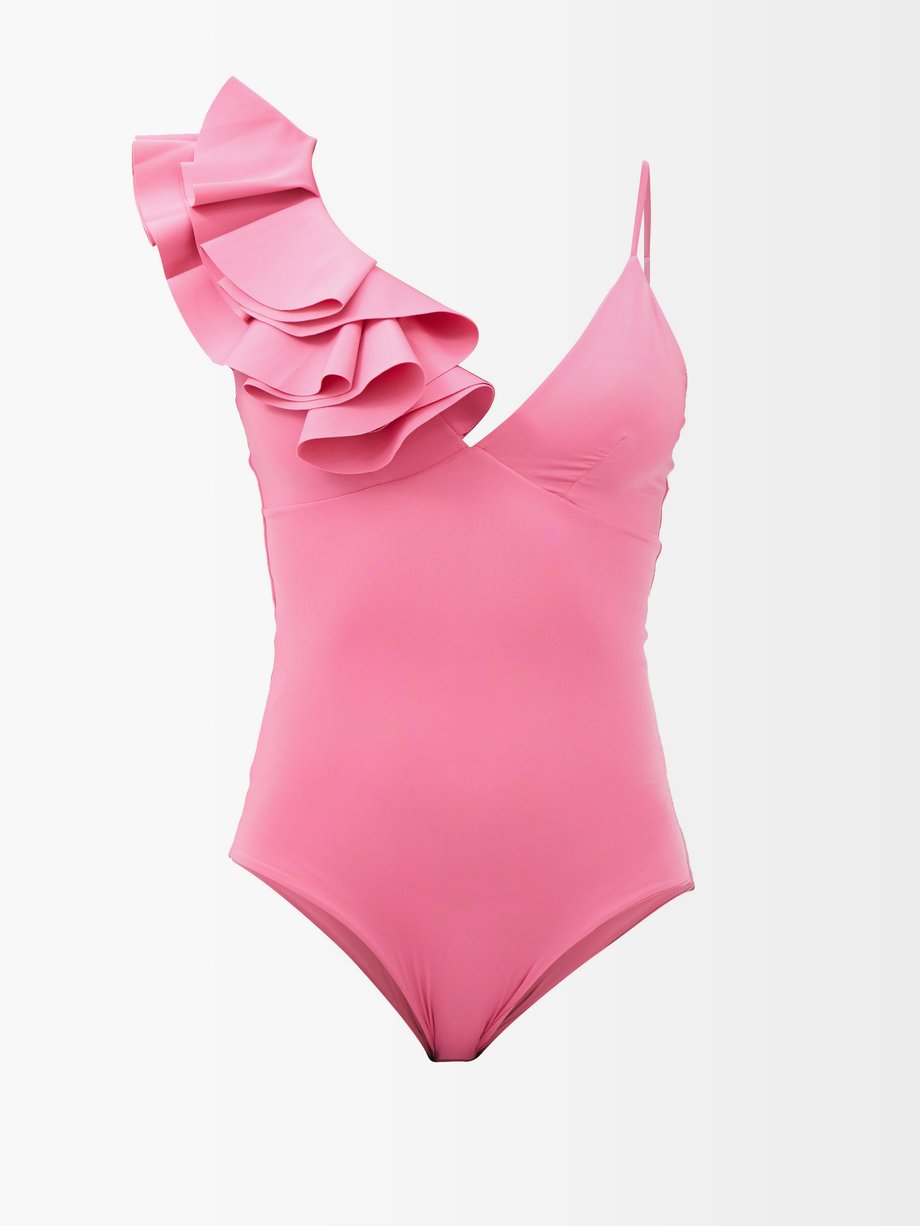 Pink Nerano ruffled-shoulder swimsuit | Maygel Coronel | MATCHESFASHION UK