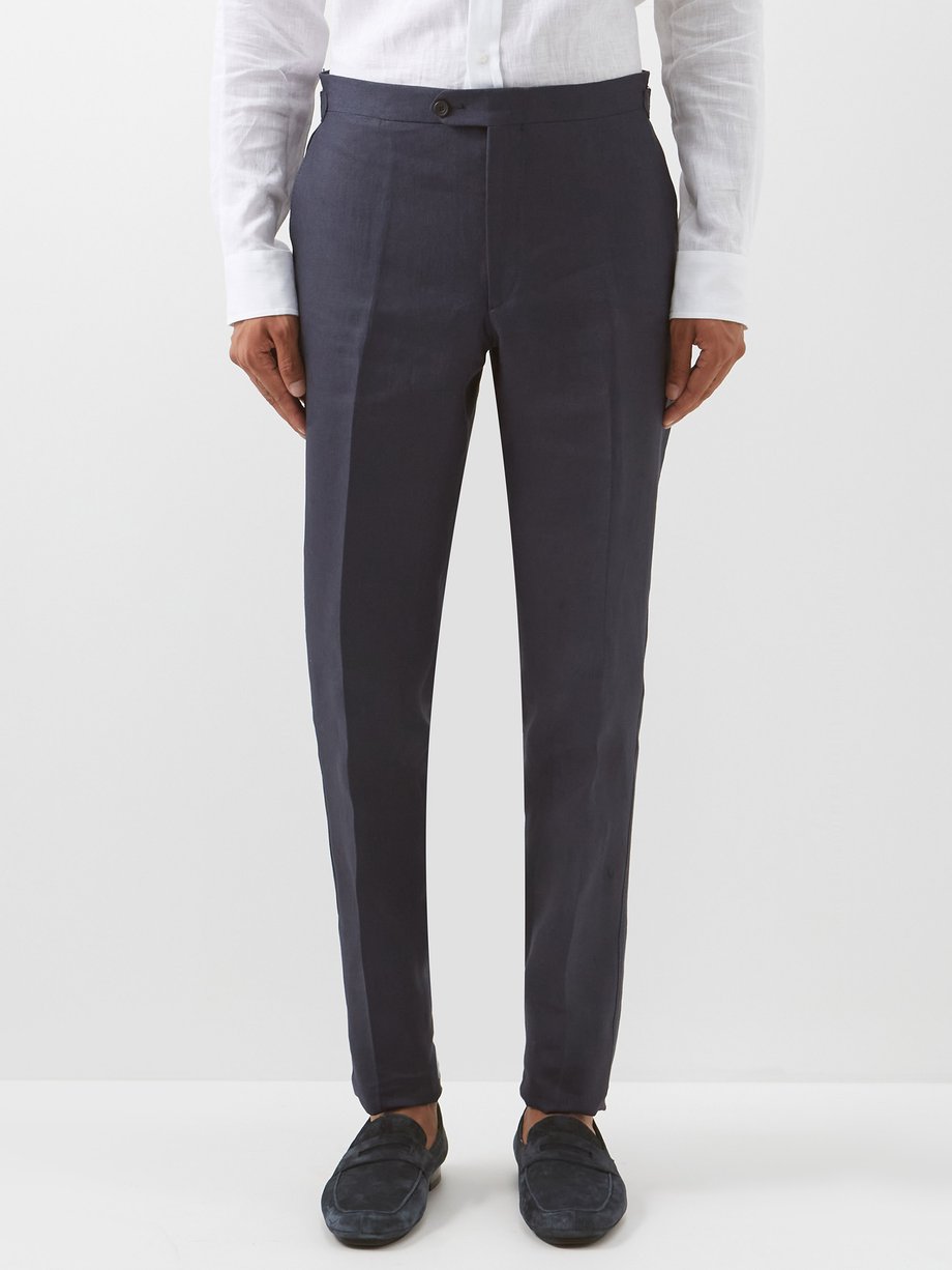 Thom Sweeney Navy Side-adjuster linen-cambric trousers | 매치스패션, 모던 럭셔리 ...