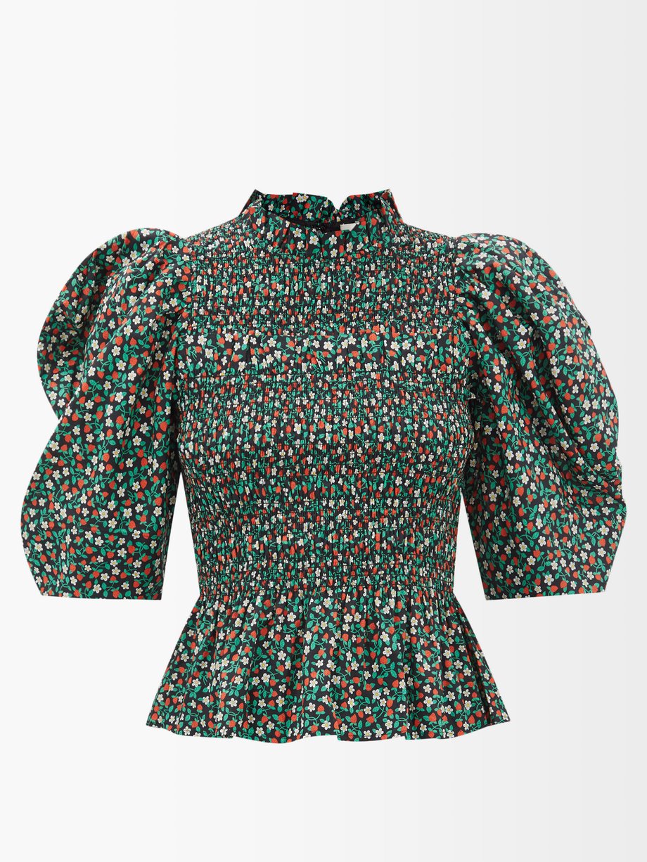 씨 블라우스 Sea Black Lilly smocked floral-print cotton blouse