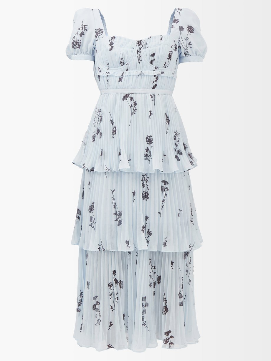 Blue Tiered floral-print pleated ...