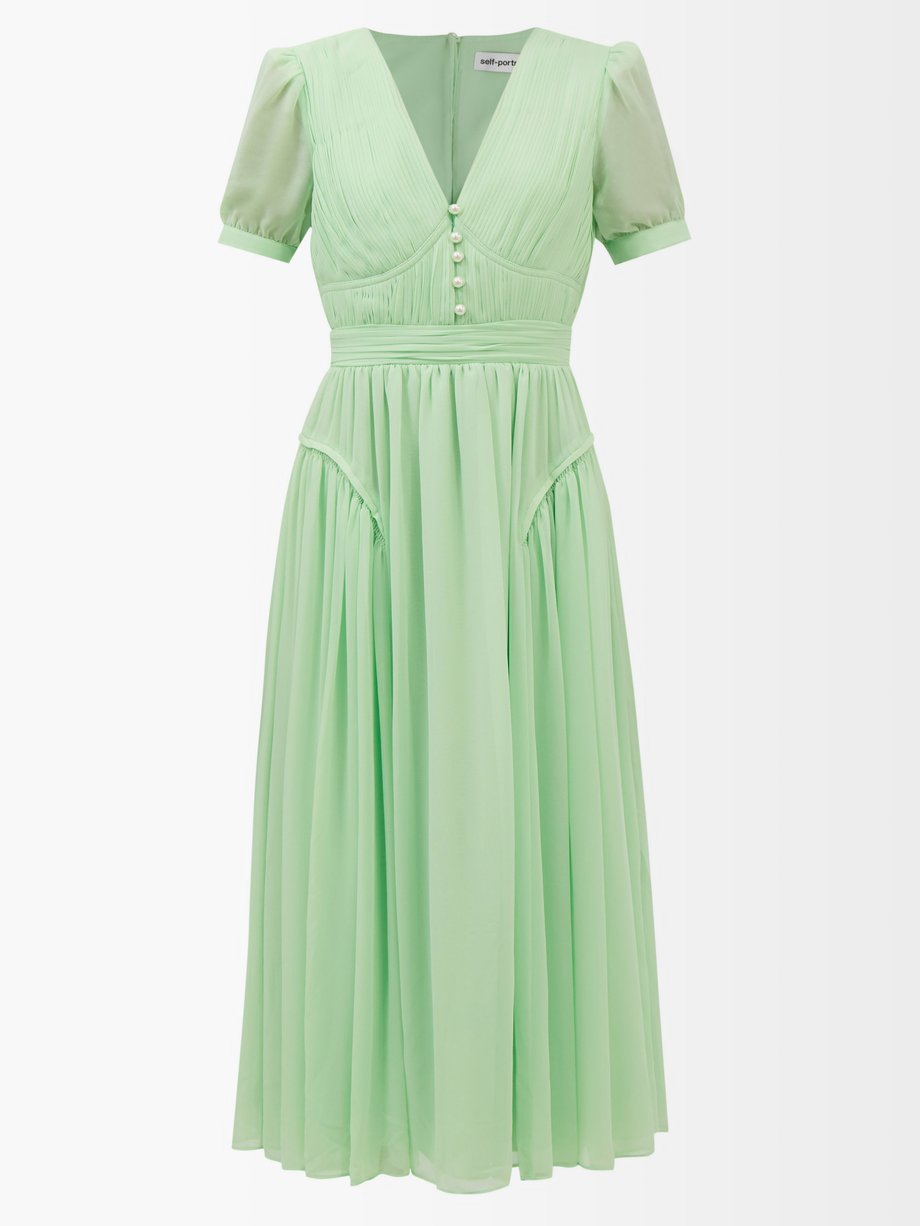 Green Pleated-chiffon midi dress | Self ...