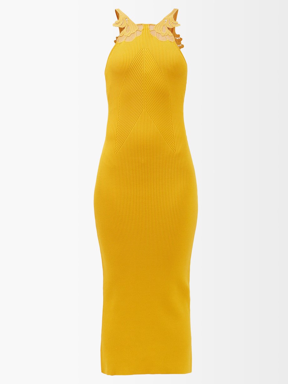 Yellow Lace-insert rib-knitted midi dress | Self-Portrait ...