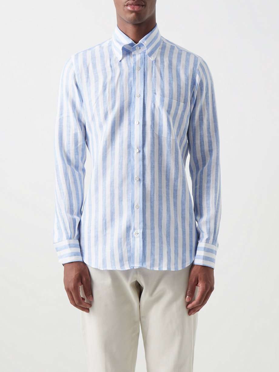 Thom Sweeney Blue Striped slubbed linen-poplin shirt | 매치스패션, 모던 럭셔리 온라인 쇼핑