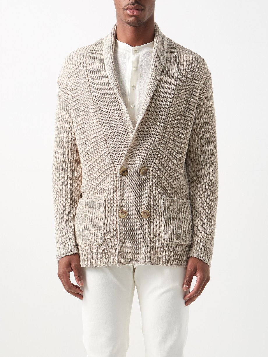 Beige Double-breasted shawl-collar ribbed-linen cardigan | Thom Sweeney ...